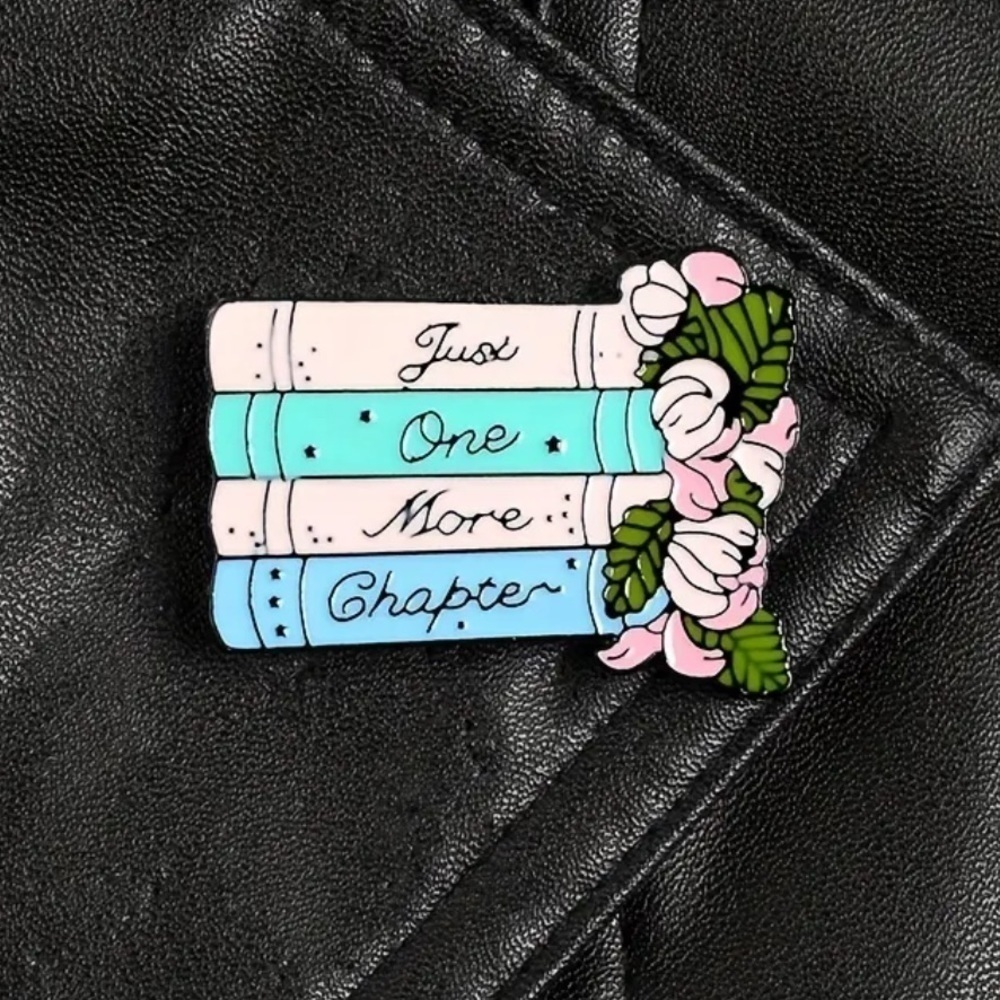 3/$25 “”Just One More Chapter” Pin Badge Brooch Stack of Books With Flower Rose